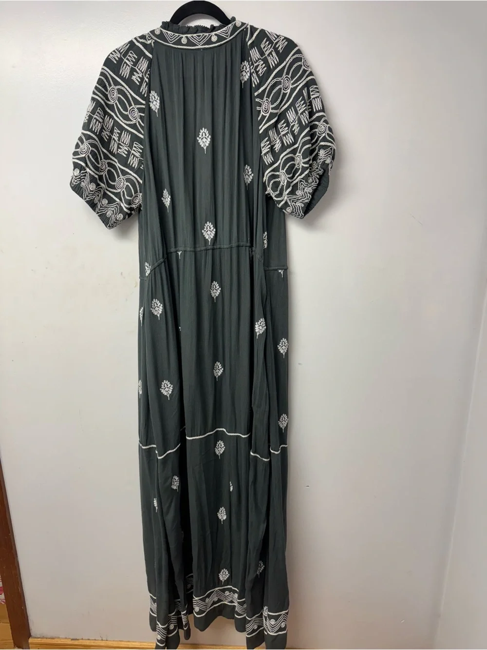 Free People Riley Embroidered Maxi Dress Gray Large Boho Tassel Pockets